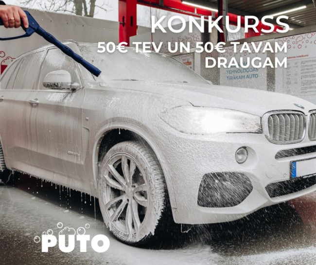 Foam-covered car at PUTO car wash with contest banner offering €50 for you and €50 for a friend.