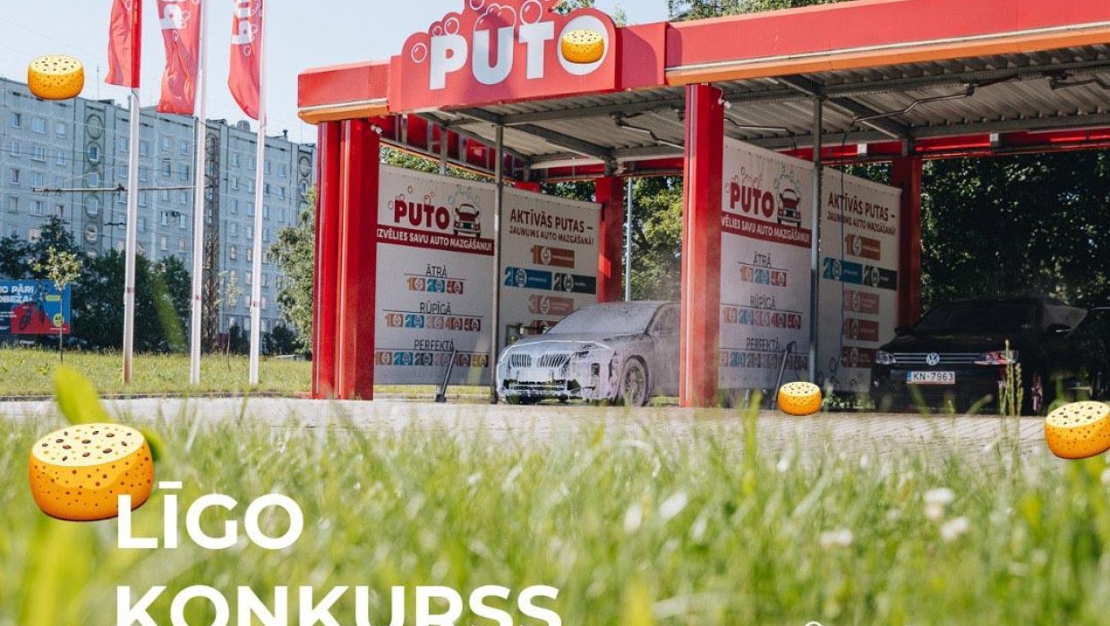 PUTO car wash with LĪGO Contest banner, offering a chance to win €50 for you and €50 for a friend.